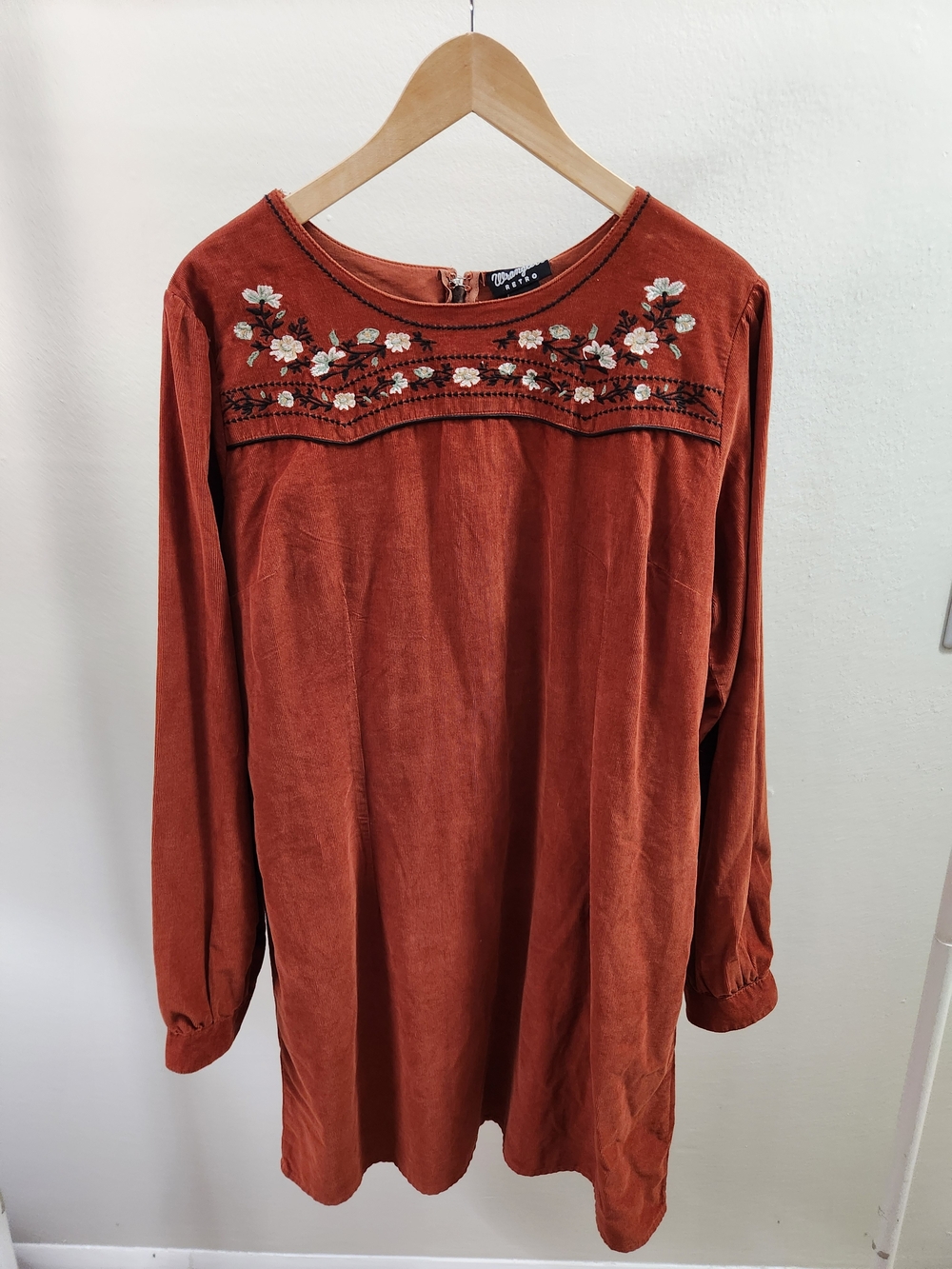 Wrangler Embroidered Long-Sleeve Courduroy Dress In Rust
